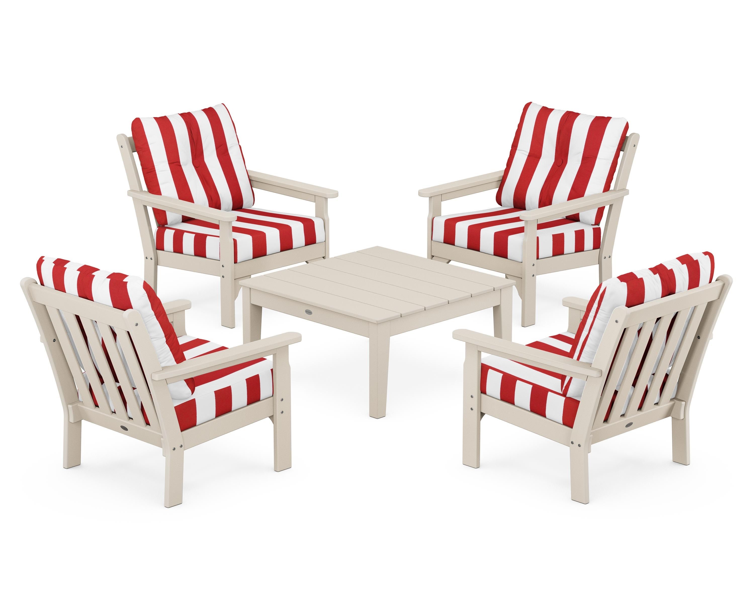 POLYWOOD® Vineyard 5-Piece Deep Seating Conversation Set in Sand / Cabana Stripe Crimson