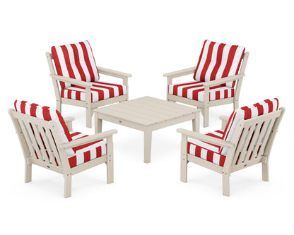POLYWOOD® Vineyard 5-Piece Deep Seating Conversation Set in Sand / Cabana Stripe Crimson