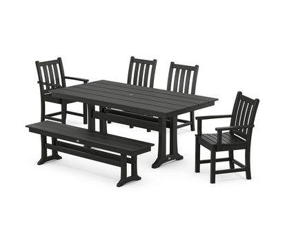 POLYWOOD® Traditional Garden 6-Piece Farmhouse Dining Set with Trestle Legs and Bench in Black