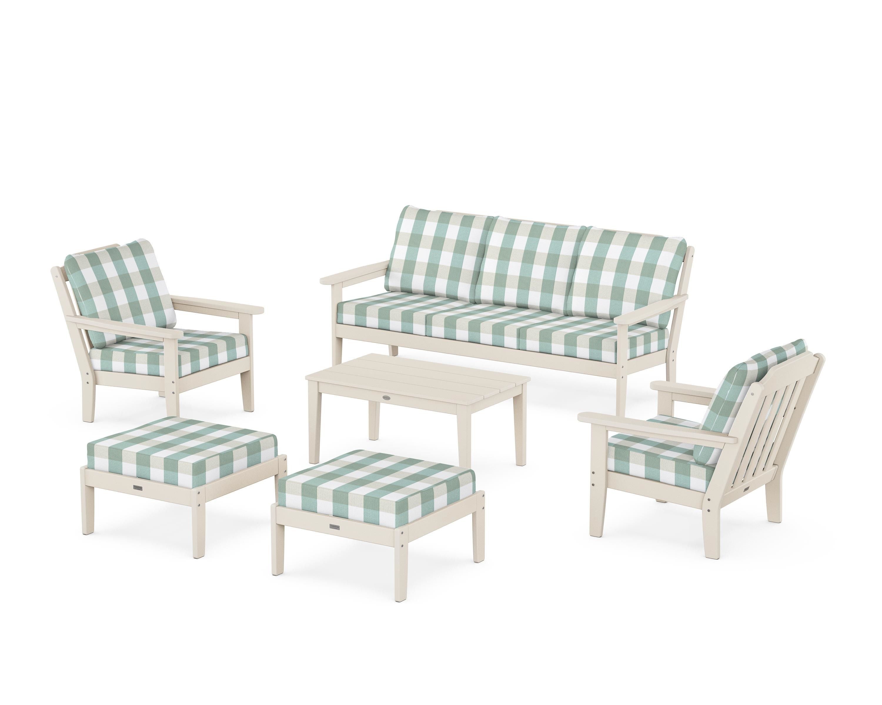 Country Living Cottage 6-Piece Lounge Sofa Set in Sand / Buffalo Plaid Glacier Spa