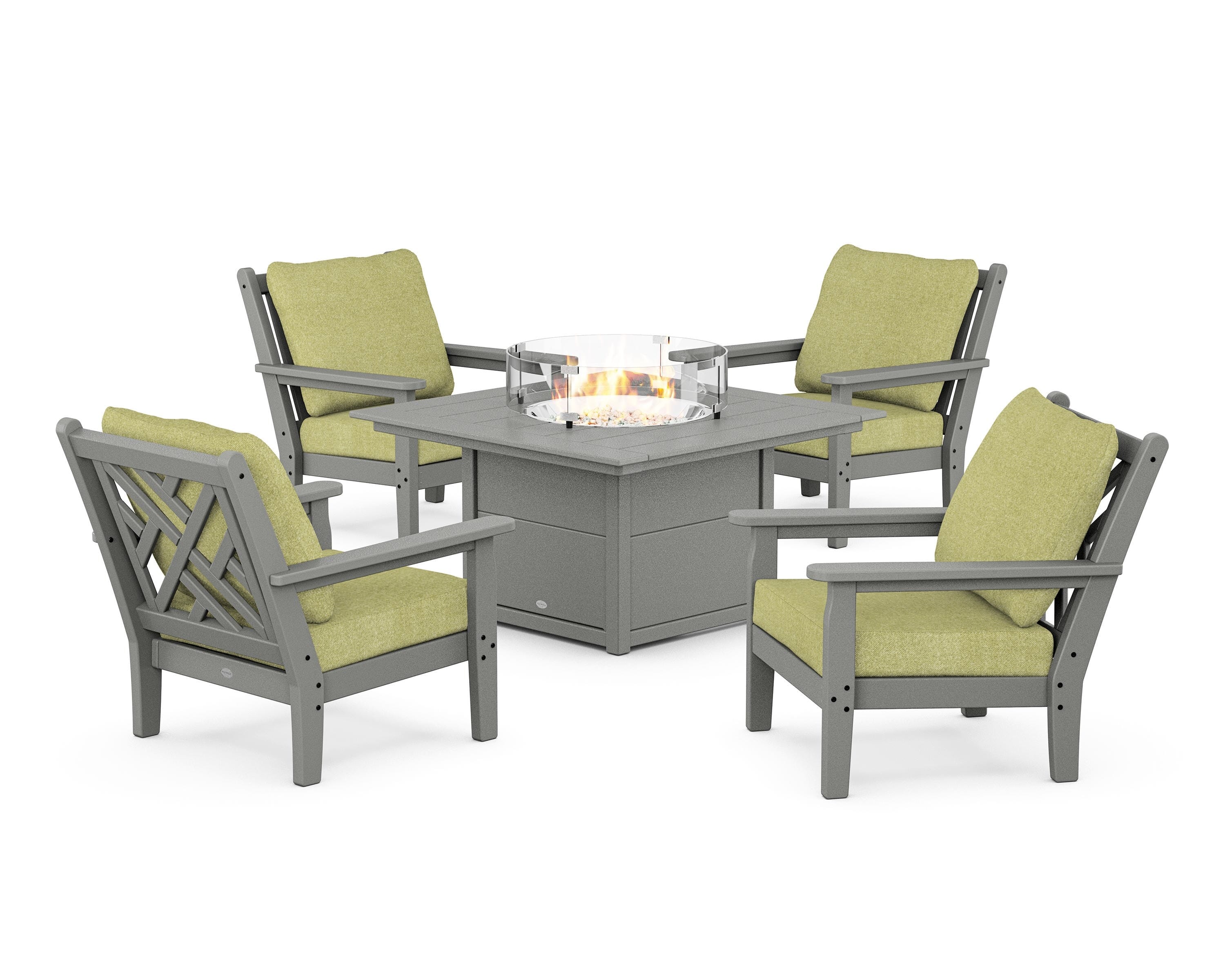 POLYWOOD® Chippendale 5-Piece Deep Seating Set with Fire Pit Table in Slate Grey / Chartreuse Boucle