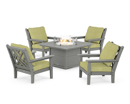 POLYWOOD® Chippendale 5-Piece Deep Seating Set with Fire Pit Table in Slate Grey / Chartreuse Boucle