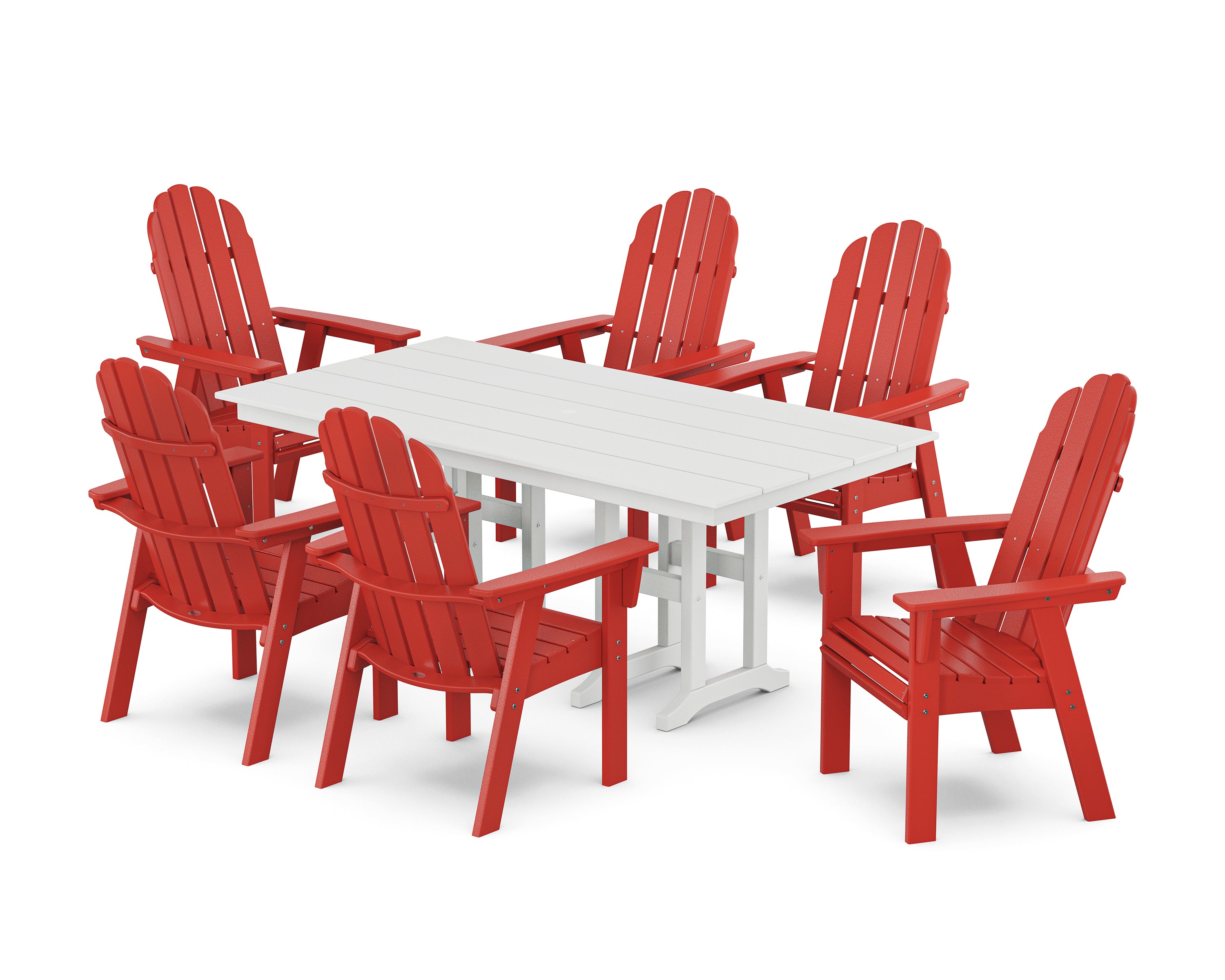 POLYWOOD® Vineyard Curveback Adirondack Chair 7-Piece Farmhouse Dining Set in Sunset Red / White