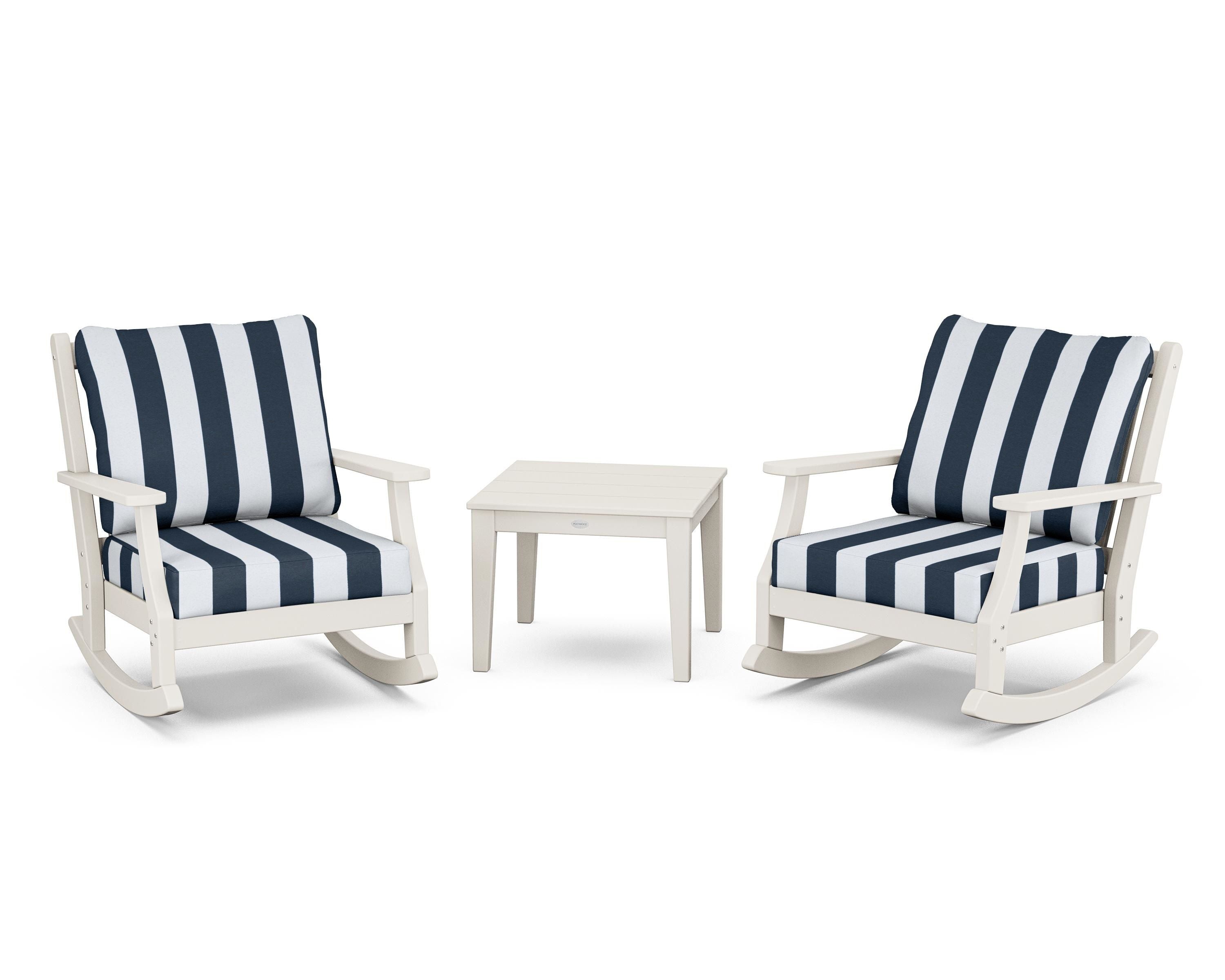 Country Living Wovendale 3-Piece Deep Seating Rocker Set in Sand / Cabana Stripe Marine Indigo