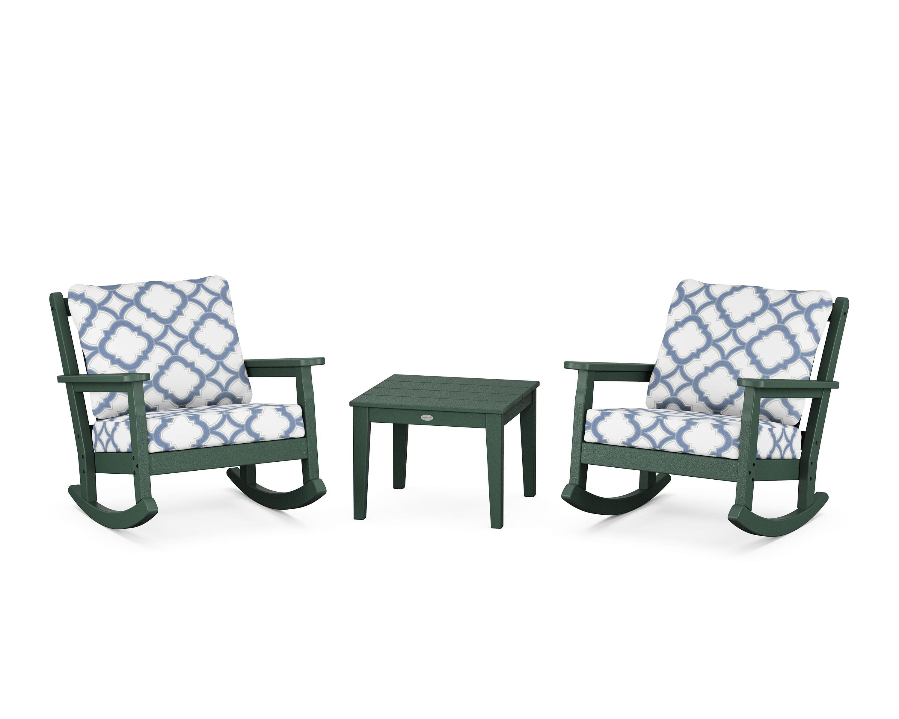 POLYWOOD® Chippendale 3-Piece Deep Seating Rocker Set in Green / Trellis Sky Blue