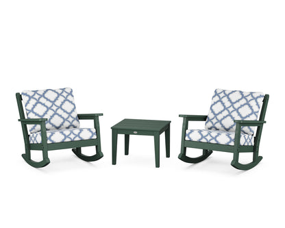 POLYWOOD® Chippendale 3-Piece Deep Seating Rocker Set in Green / Trellis Sky Blue