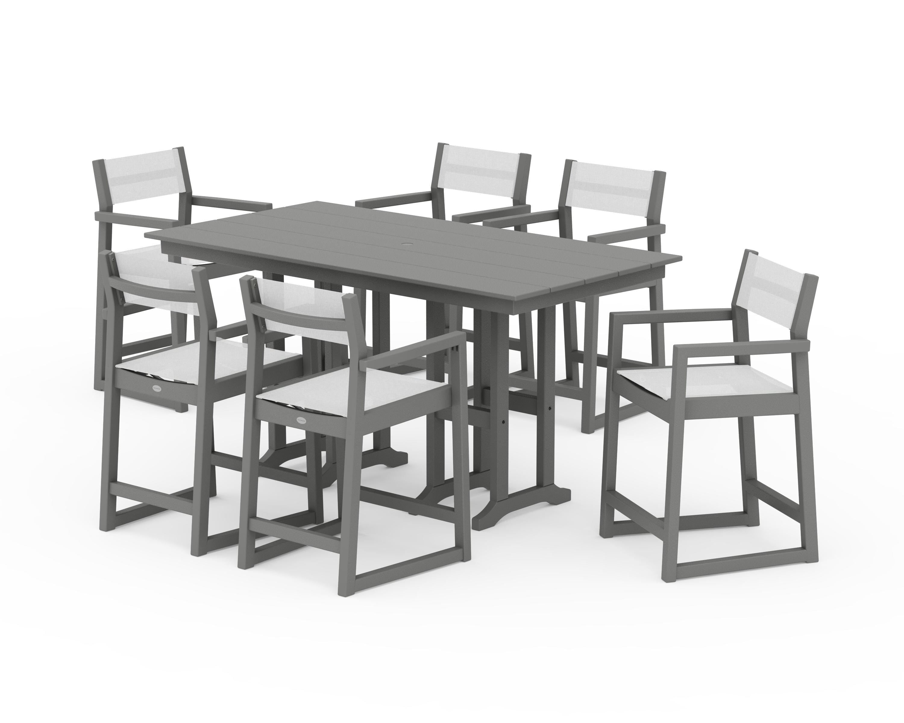 POLYWOOD® EDGE Sling Arm Chair 7-Piece Farmhouse Counter Set in Slate Grey / White Sling