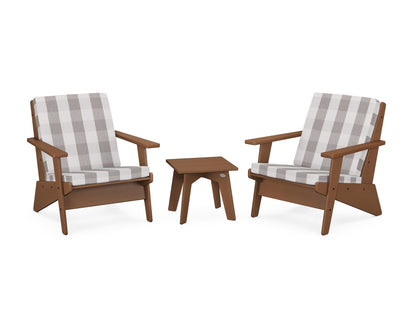 POLYWOOD® Riviera Modern Lounge 3-Piece Set in Teak / Buffalo Plaid Grey Mist