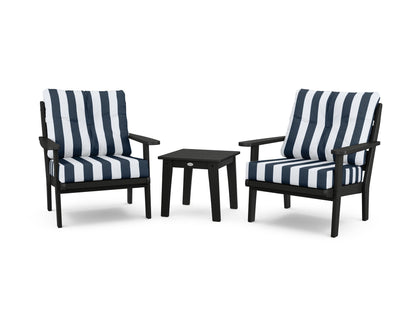 POLYWOOD® Lakeside 3-Piece Deep Seating Chair Set in Black / Cabana Stripe Marine Indigo