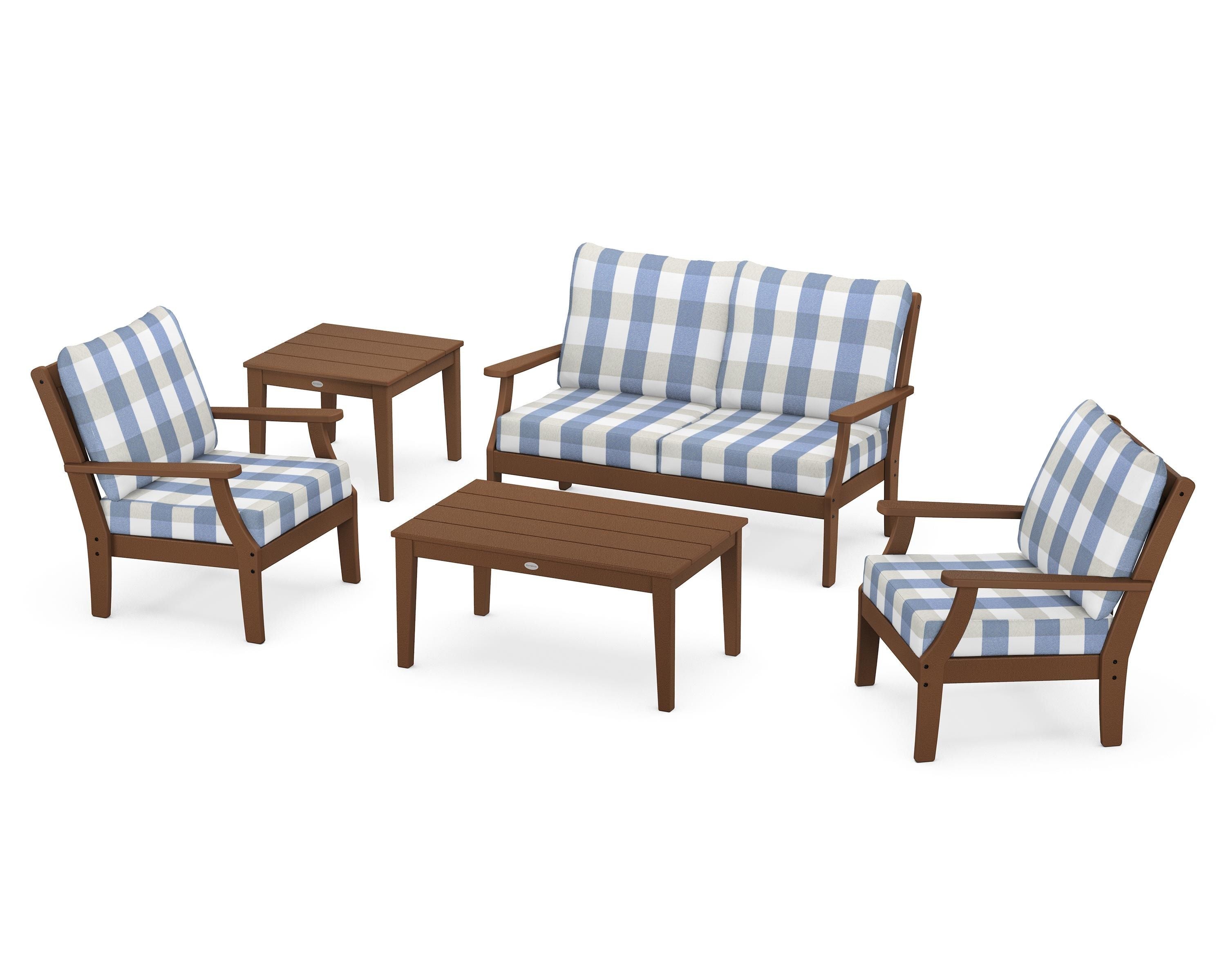POLYWOOD® Braxton 5-Piece Deep Seating Set in Teak / Buffalo Plaid Sky Blue