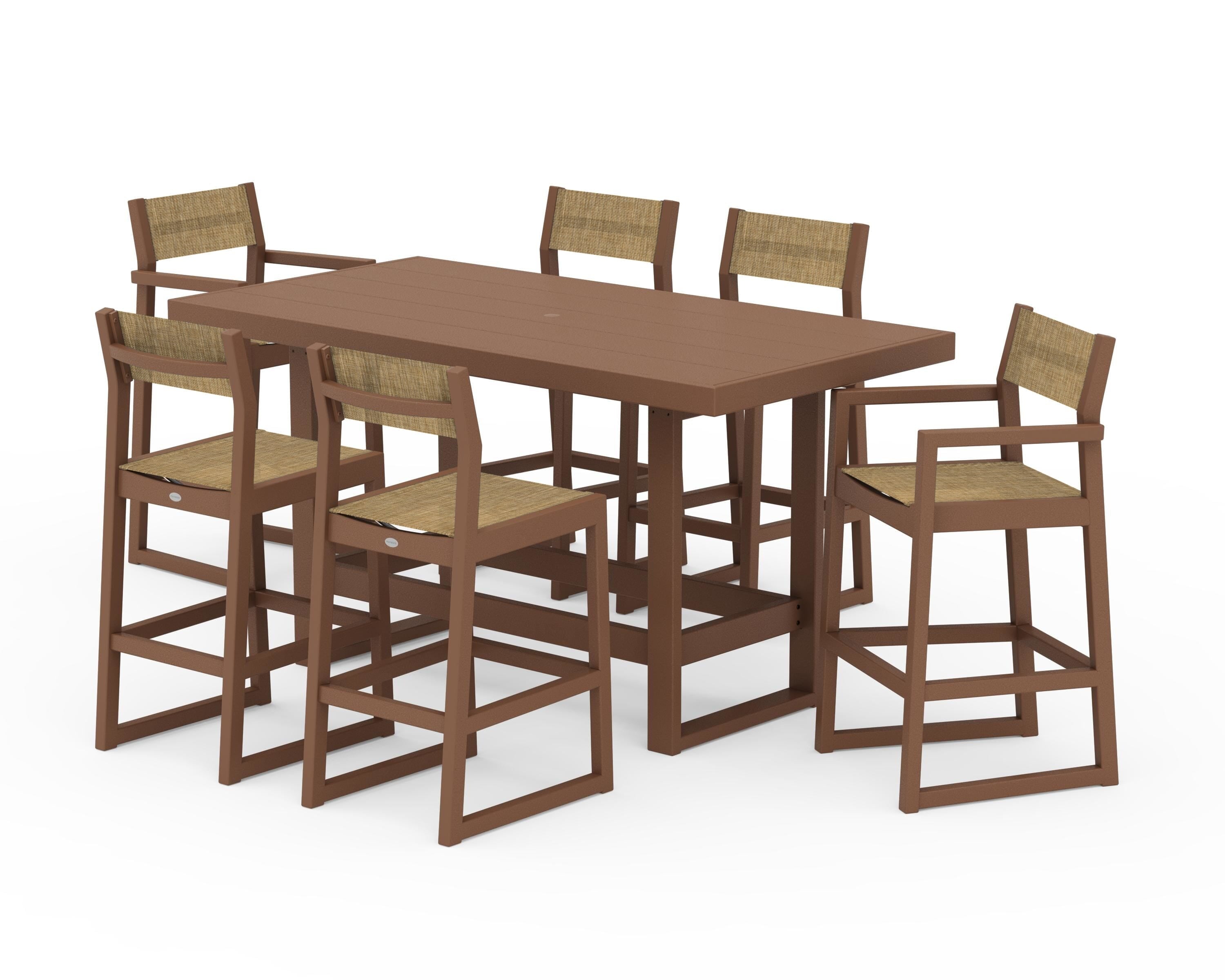 POLYWOOD® EDGE Sling 7-Piece Bar Table Set in Teak / Burlap Sling