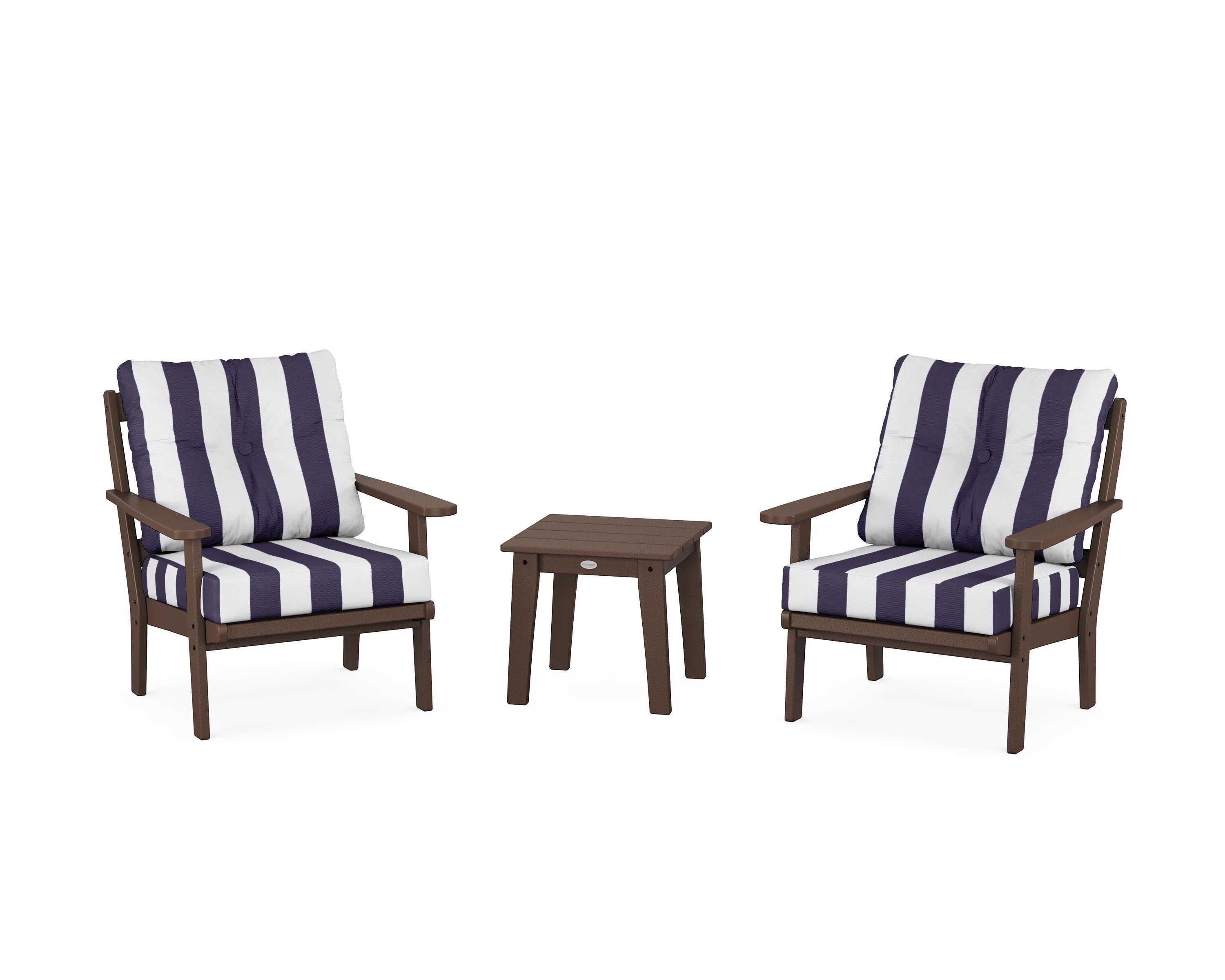 POLYWOOD® Mission 3-Piece Deep Seating Set in Mahogany / Cabana Stripe Navy
