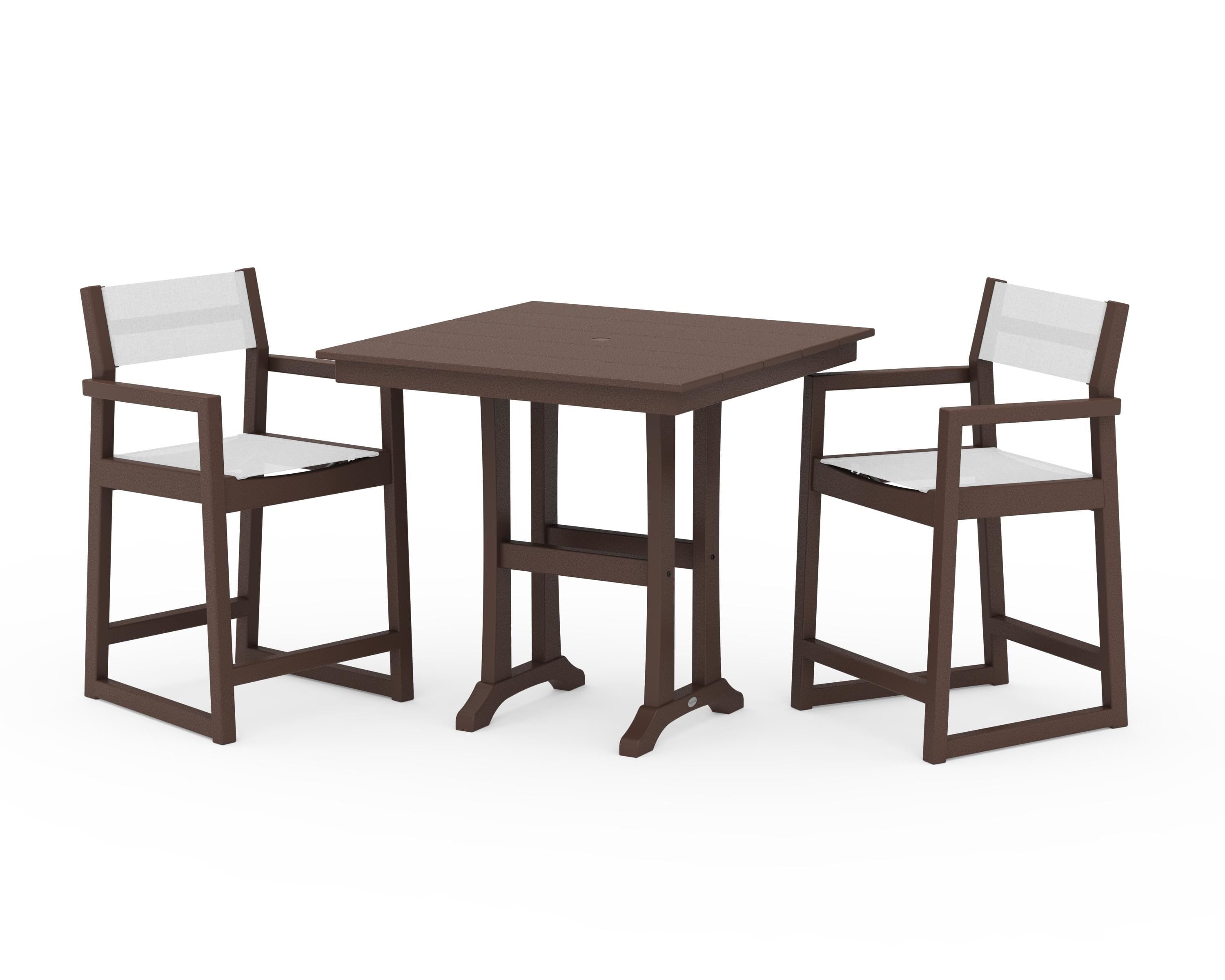 POLYWOOD® EDGE Sling Arm Chair 3-Piece Farmhouse Counter Set with Trestle Legs in Mahogany / White Sling
