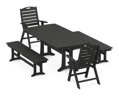 POLYWOOD® Nautical Folding Highback Chair 5-Piece Dining Set with Trestle Legs and Benches in Black