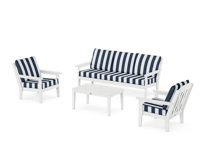 Country Living Cottage 4-Piece Deep Seating Set with Sofa in White / Cabana Stripe Marine Indigo
