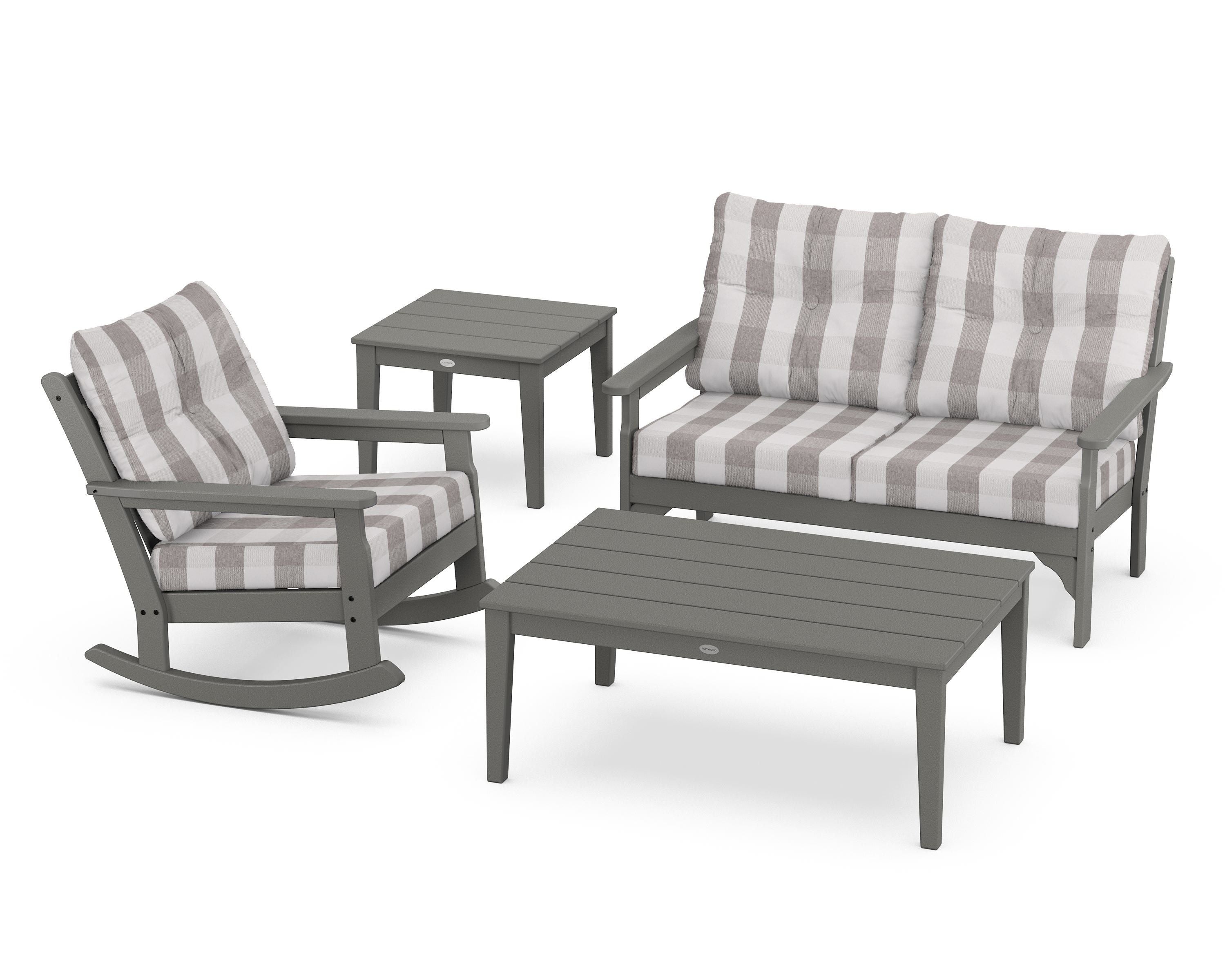 POLYWOOD® Vineyard 4-Piece Deep Seating Rocker Set in Slate Grey / Buffalo Plaid Grey Mist