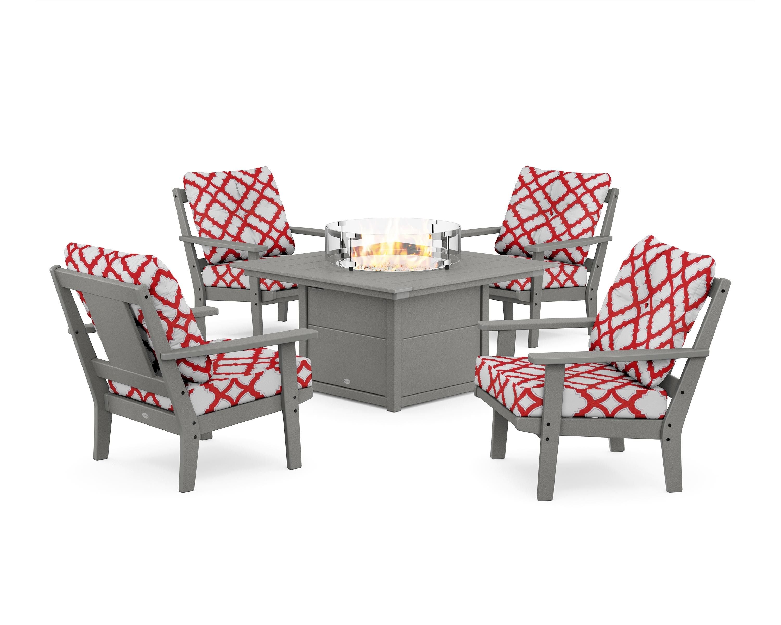 POLYWOOD® Prairie 5-Piece Deep Seating Set with Fire Pit Table in Slate Grey / Trellis Crimson