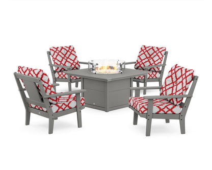POLYWOOD® Prairie 5-Piece Deep Seating Set with Fire Pit Table in Slate Grey / Trellis Crimson