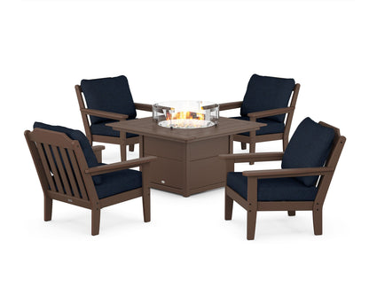 Country Living Cottage 5-Piece Deep Seating Set with Fire Pit Table in Mahogany / Marine Indigo