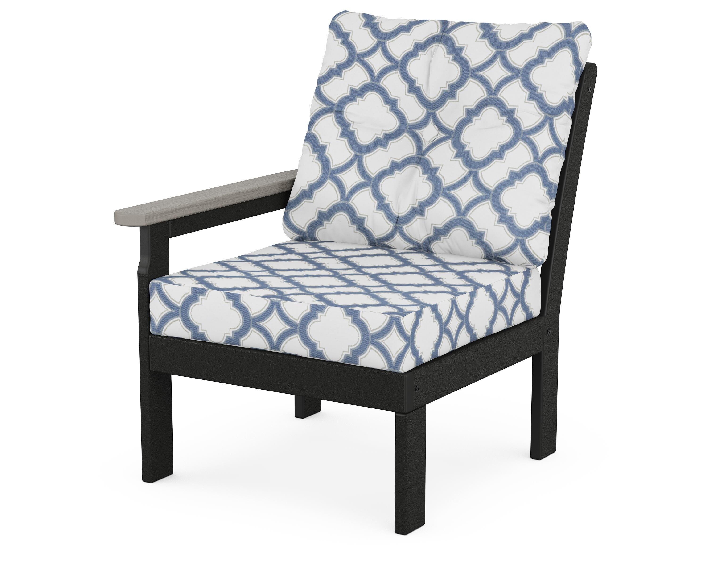 POLYWOOD® Vineyard Modular Left Arm Chair in Black / Driftwood / Trellis Sky Blue