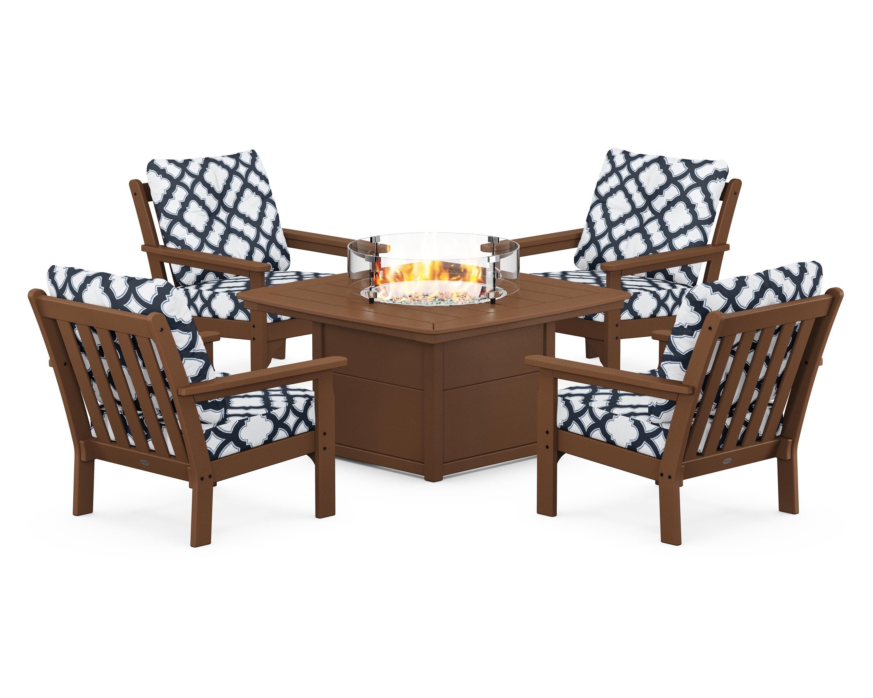 POLYWOOD® Vineyard 5-Piece Conversation Set with Fire Pit Table in Teak / Trellis Marine Indigo