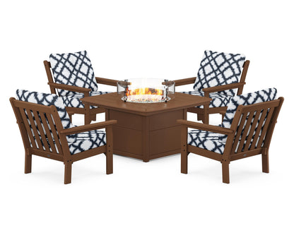 POLYWOOD® Vineyard 5-Piece Conversation Set with Fire Pit Table in Teak / Trellis Marine Indigo