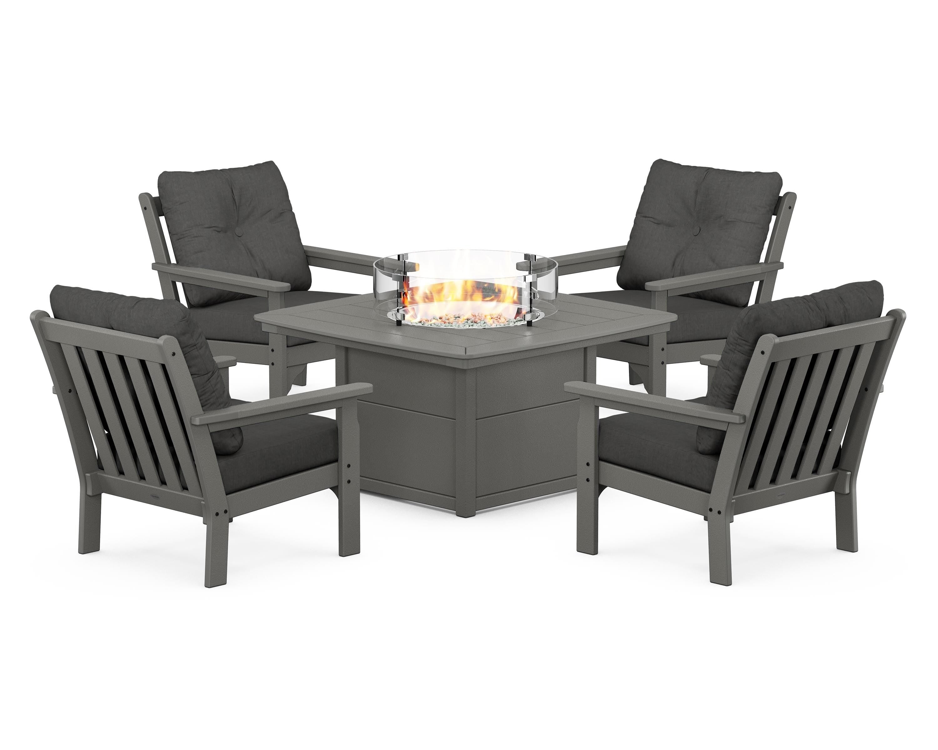 POLYWOOD® Vineyard 5-Piece Conversation Set with Fire Pit Table in Slate Grey / Spectrum Carbon