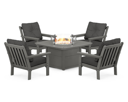 POLYWOOD® Vineyard 5-Piece Conversation Set with Fire Pit Table in Slate Grey / Spectrum Carbon