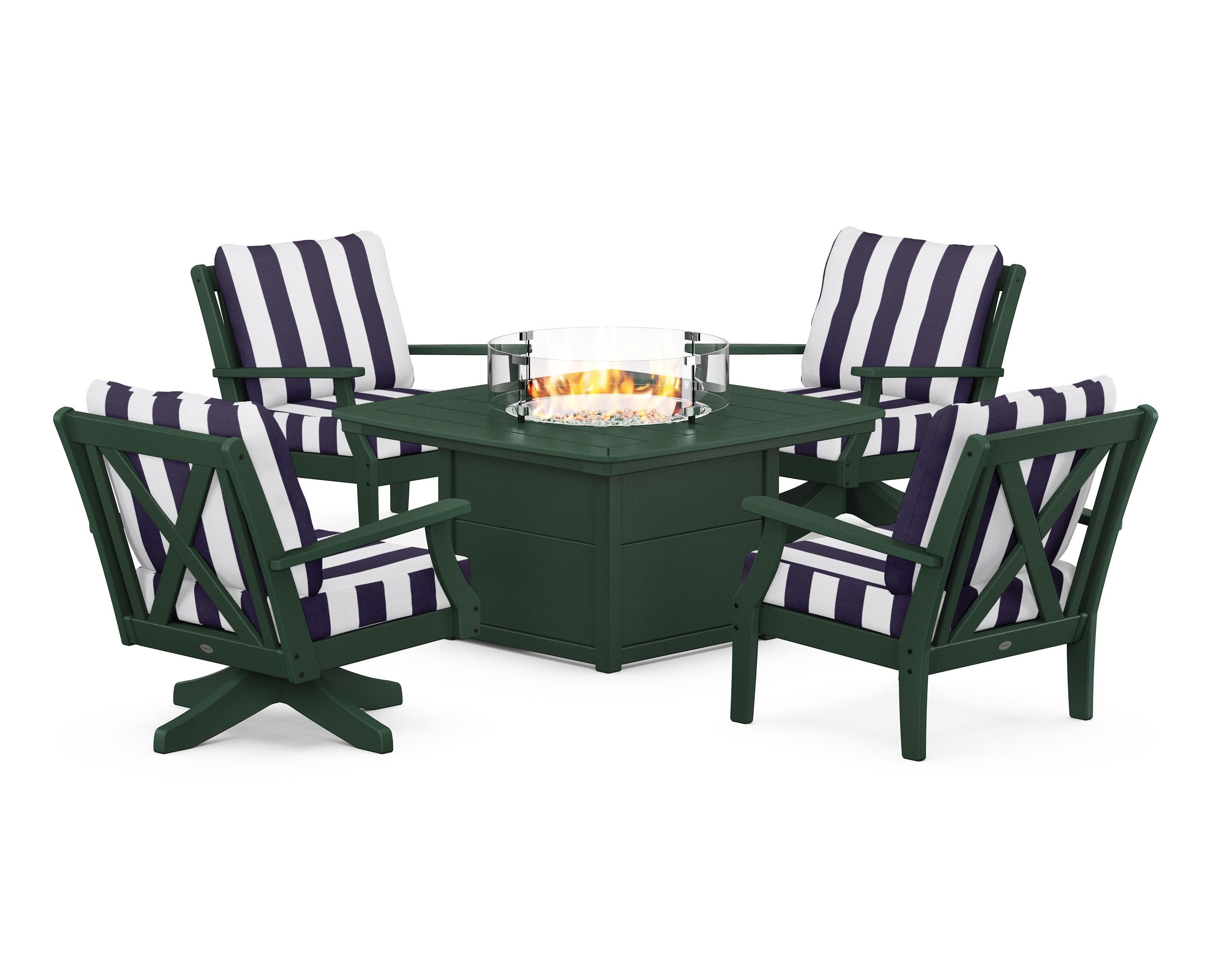 POLYWOOD® Braxton 5-Piece Deep Seating Set with Fire Table in Green / Cabana Stripe Navy