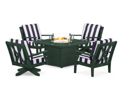 POLYWOOD® Braxton 5-Piece Deep Seating Set with Fire Table in Green / Cabana Stripe Navy