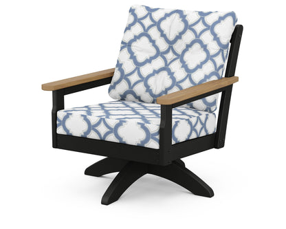 POLYWOOD® Vineyard Deep Seating Swivel Chair in Black / Natural / Trellis Sky Blue