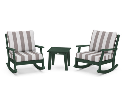 POLYWOOD® Braxton 3-Piece Deep Seating Rocker Set in Green / Cabana Stripe Grey Mist