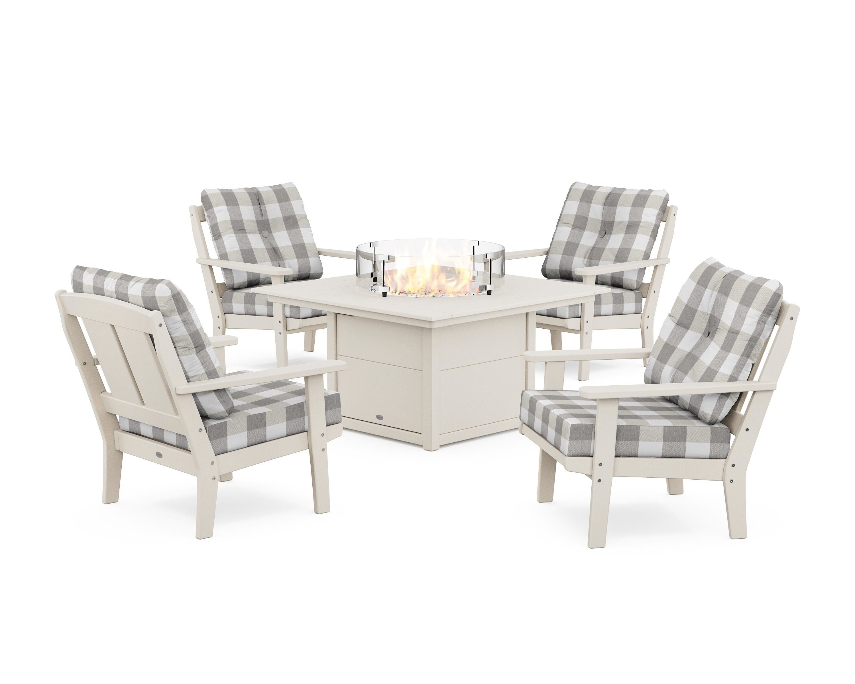 POLYWOOD® Mission 5-Piece Deep Seating Set with Fire Pit Table in Sand / Buffalo Plaid Grey Mist