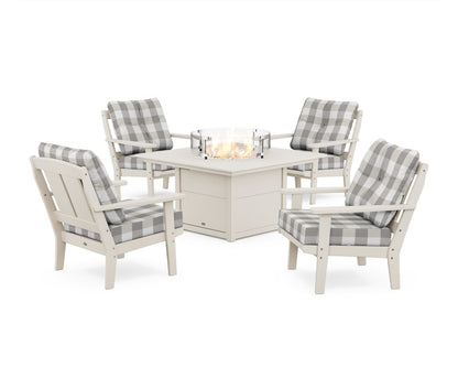 POLYWOOD® Mission 5-Piece Deep Seating Set with Fire Pit Table in Sand / Buffalo Plaid Grey Mist