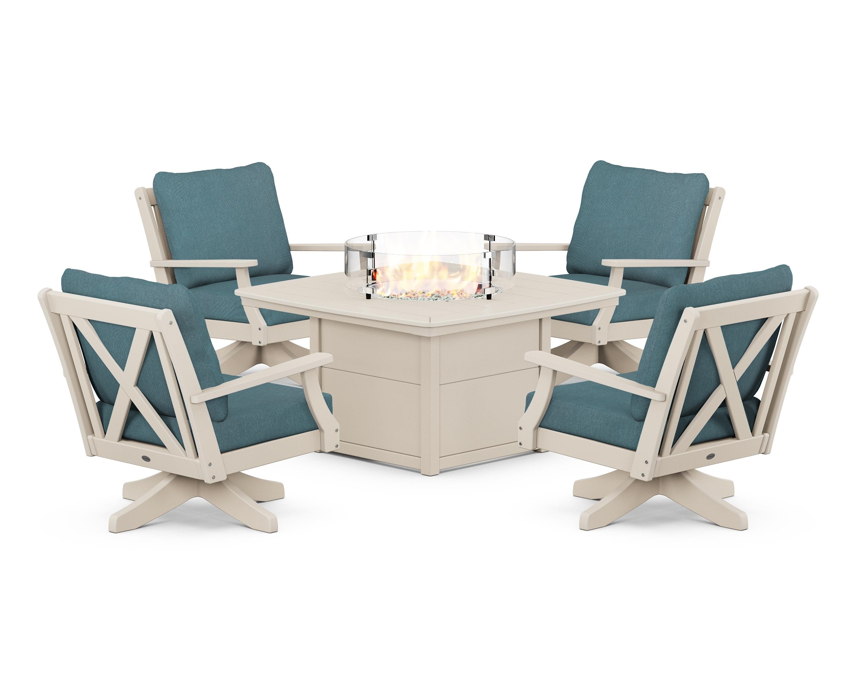 POLYWOOD® Braxton 5-Piece Deep Seating Swivel Conversation Set with Fire Pit Table in Sand / Ocean Teal
