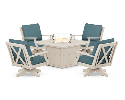POLYWOOD® Braxton 5-Piece Deep Seating Swivel Conversation Set with Fire Pit Table in Sand / Ocean Teal