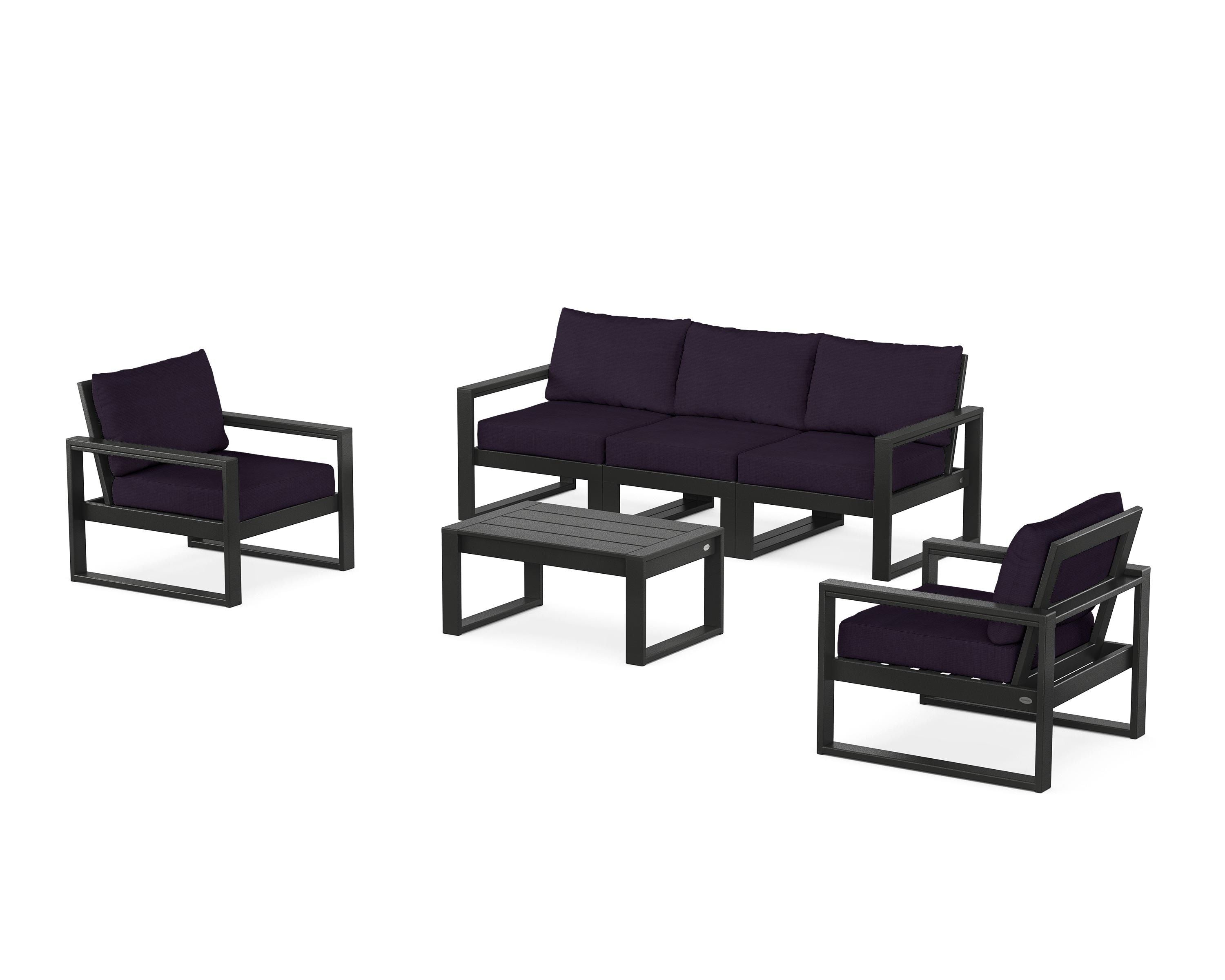 POLYWOOD® EDGE Sectional 4-Piece Deep Seating Set with Sofa in Black / Navy Linen