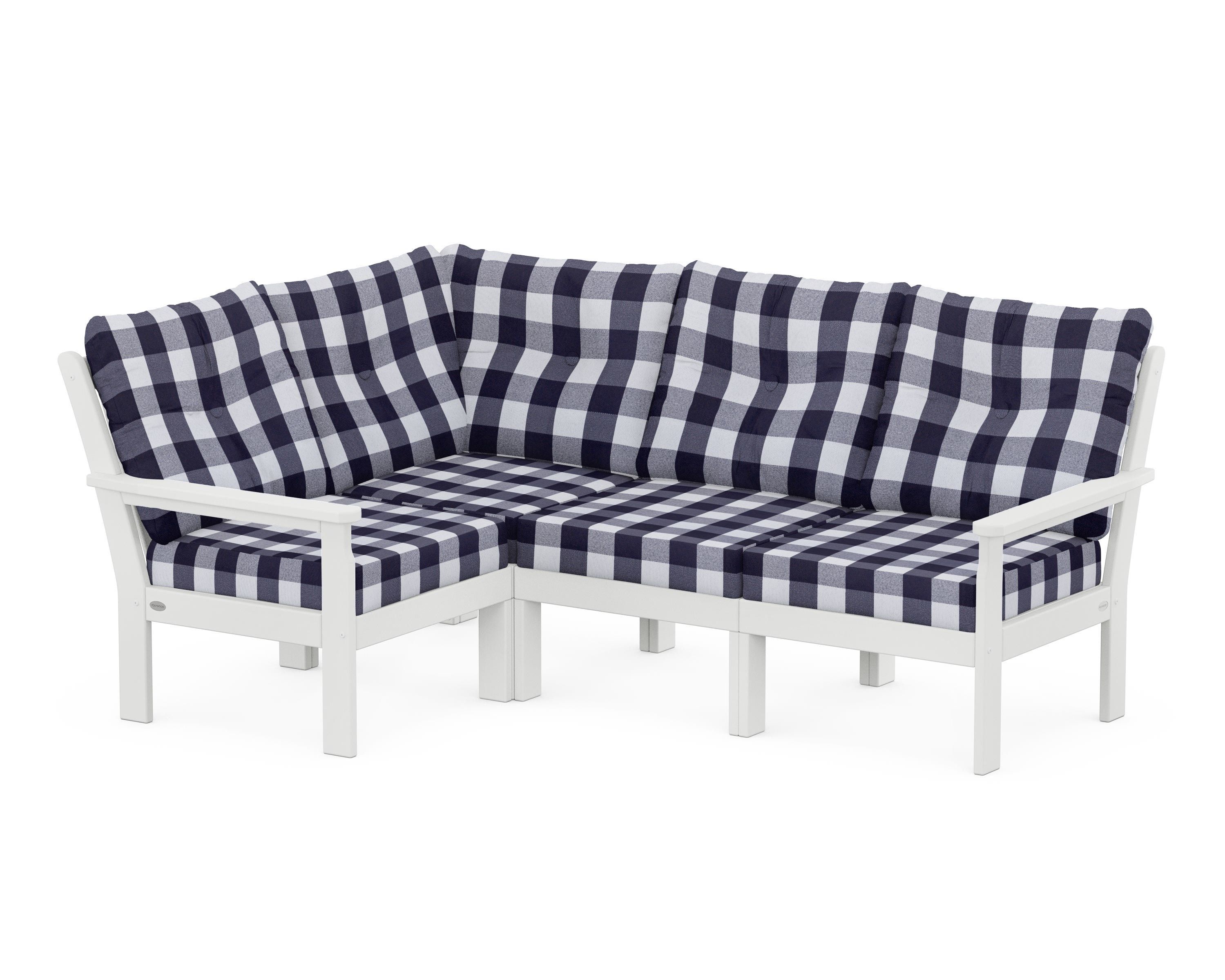 POLYWOOD® Vineyard 4-Piece Sectional in White / Buffalo Plaid Navy