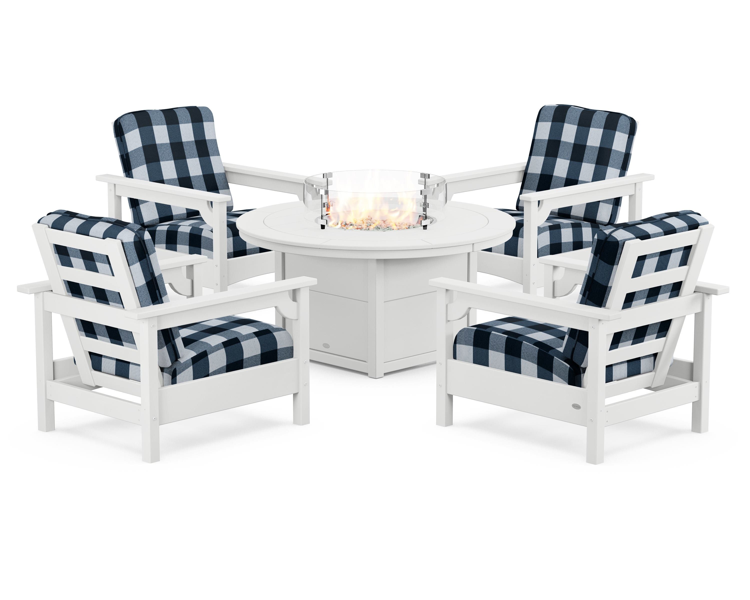 POLYWOOD® Club 5-Piece Conversation Set with Fire Pit Table in White / Buffalo Plaid Marine Indigo