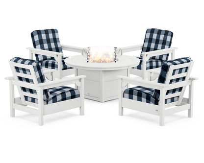 POLYWOOD® Club 5-Piece Conversation Set with Fire Pit Table in White / Buffalo Plaid Marine Indigo