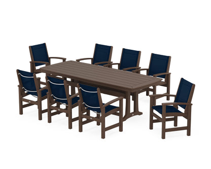 POLYWOOD® Coastal 9-Piece Dining Set with Trestle Legs in Mahogany / Navy Blue Sling