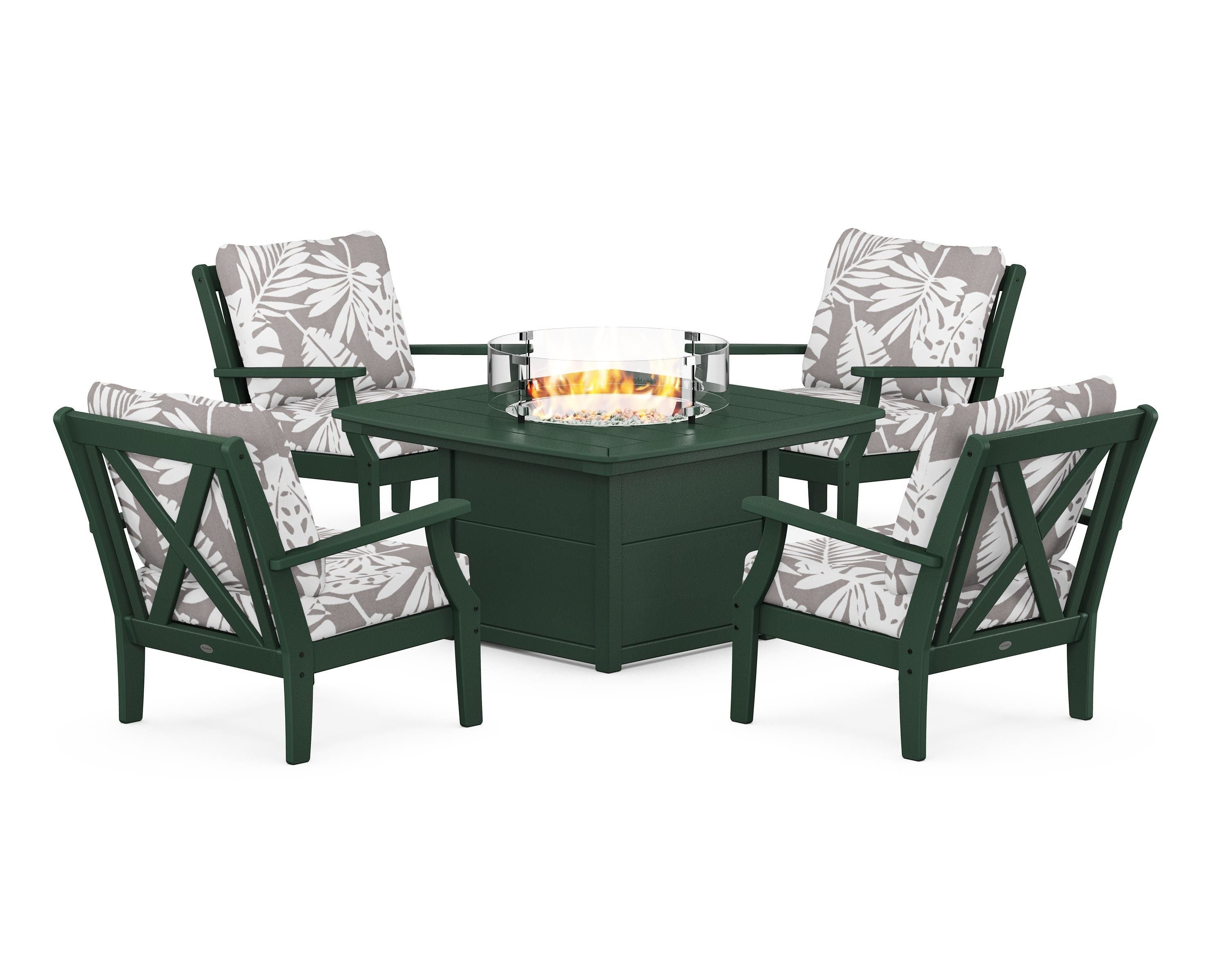POLYWOOD® Braxton 5-Piece Deep Seating Conversation Set with Fire Pit Table in Green / Leaf Grey Mist