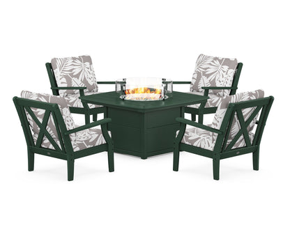 POLYWOOD® Braxton 5-Piece Deep Seating Conversation Set with Fire Pit Table in Green / Leaf Grey Mist