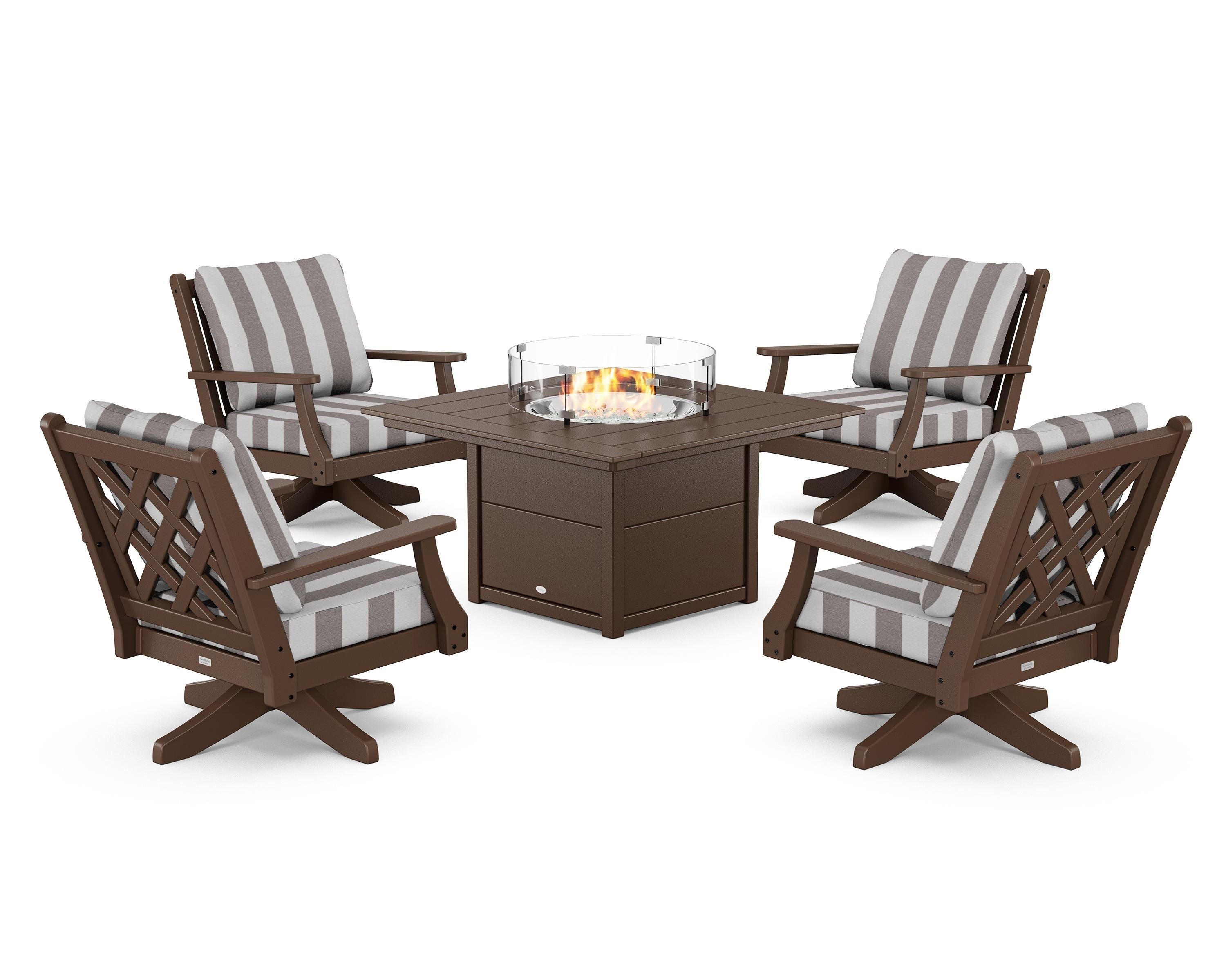 Country Living Wovendale 5-Piece Deep Seating Swivel Conversation Set with Fire Pit Table in Mahogany / Cabana Stripe Grey Mist