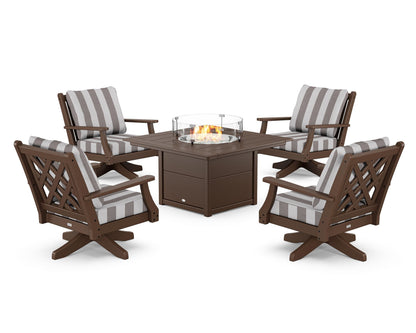 Country Living Wovendale 5-Piece Deep Seating Swivel Conversation Set with Fire Pit Table in Mahogany / Cabana Stripe Grey Mist