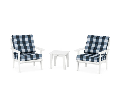 POLYWOOD® Prairie 3-Piece Deep Seating Set in White / Buffalo Plaid Marine Indigo