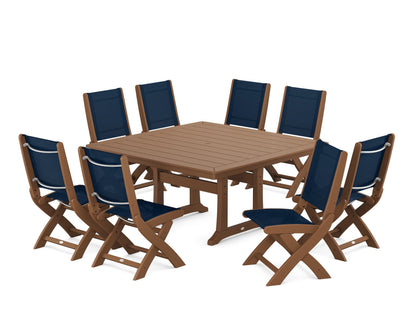 POLYWOOD® Coastal Folding Side Chair 9-Piece Dining Set with Trestle Legs in Teak / Navy Blue Sling