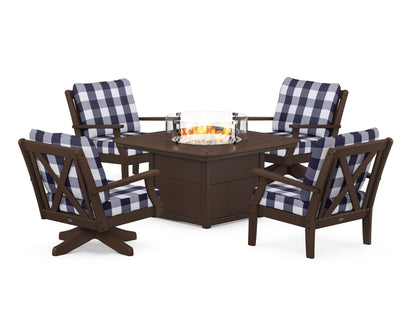 POLYWOOD® Braxton 5-Piece Deep Seating Set with Fire Table in Mahogany / Buffalo Plaid Navy