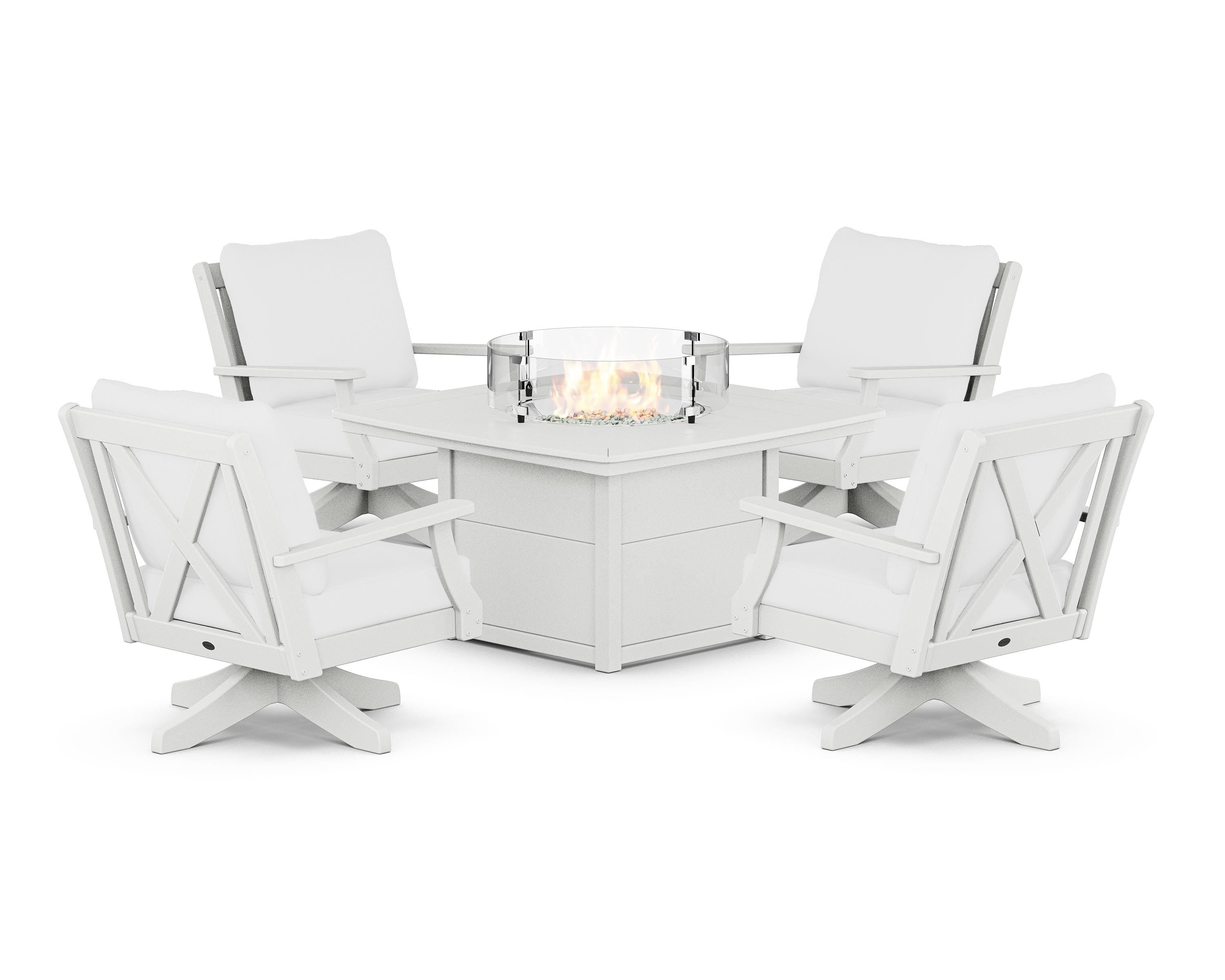 POLYWOOD® Braxton 5-Piece Deep Seating Swivel Conversation Set with Fire Pit Table in White / Natural
