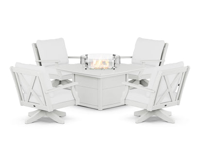 POLYWOOD® Braxton 5-Piece Deep Seating Swivel Conversation Set with Fire Pit Table in White / Natural